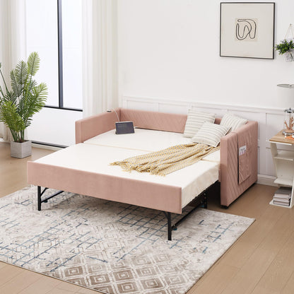 DNYN Velvet Daybed with Pop-up Trundle and USB Ports for Bedroom/Guest/Living Room, Space-Saving Twin Size Bed Frame with Side Pockets and V-Grained Backrest Design, No Box Spring Needed