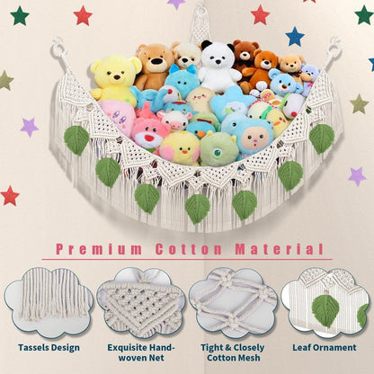 Stuffed Animal Hammock Corner w/LED Star Light, 56'' Jumbo Boho Tassel Leaf Hanging Stuffed Animal Net Holder, Cream Toy Hammock Plushie Net for Kid Girls Boys Gift Nursery Decor