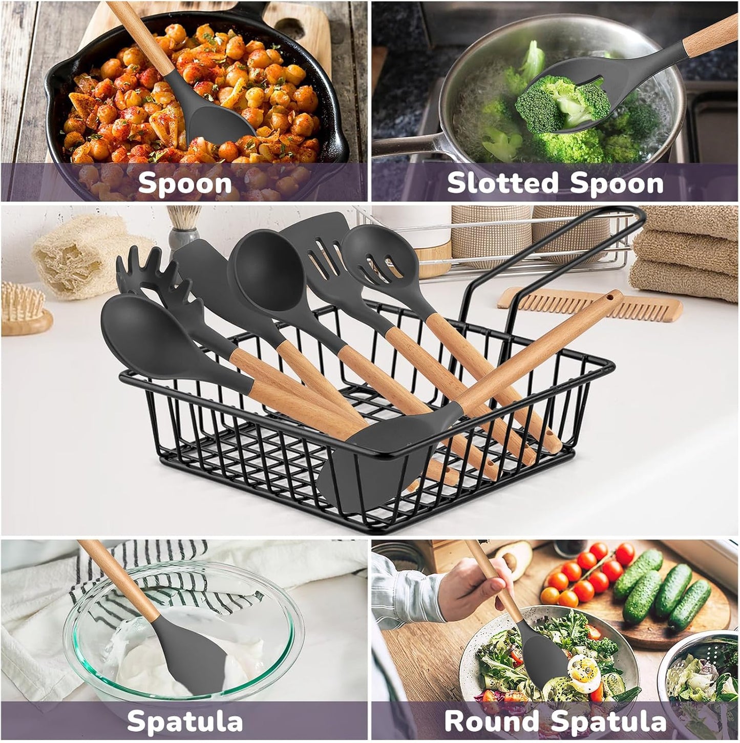 TeamFar Kitchen Utensils Set of 7, Silicone Cooking Tools with Wooden Handles for Baking, Mixing, Non-toxic