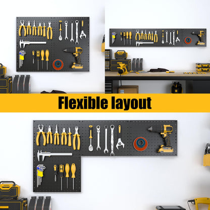 Spampur Peg Board, 4 Pack Metal Pegboard Panels with 50 Hooks, Black Pegboards Wall Organizer, Heavy Duty Peg Board for Walls Home, Garage Tool Storage, Office Organization, Craft Room, Kitchen