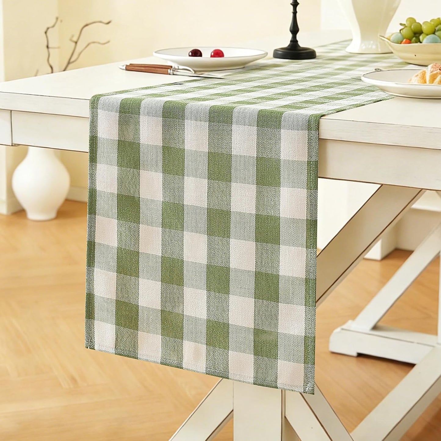 13x108 Inches Laolitou Spring Green Checkered Table Runner, Cotton Linen Gingham Table Runners, Classic Buffalo Plaid