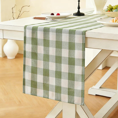 13x108 Inches Laolitou Spring Green Checkered Table Runner, Cotton Linen Gingham Table Runners, Classic Buffalo Plaid