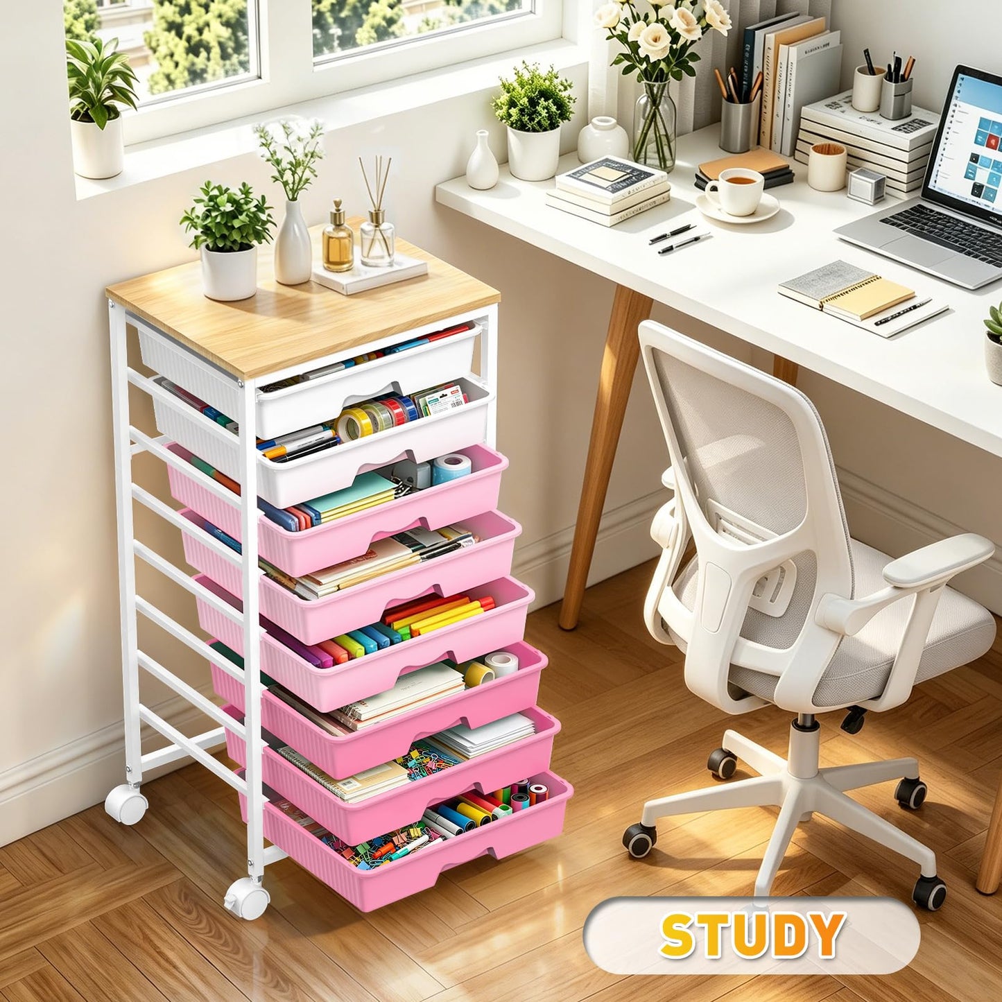 SUNALLY Rolling Storage Utility Cart with 8 Drawers, Storage Drawer Cart with Wooden Tabletop and 2 Lockable Wheels, 8 Tier Rolling Cart for Craft Art Supply Storage & Home Office Organization, Pink