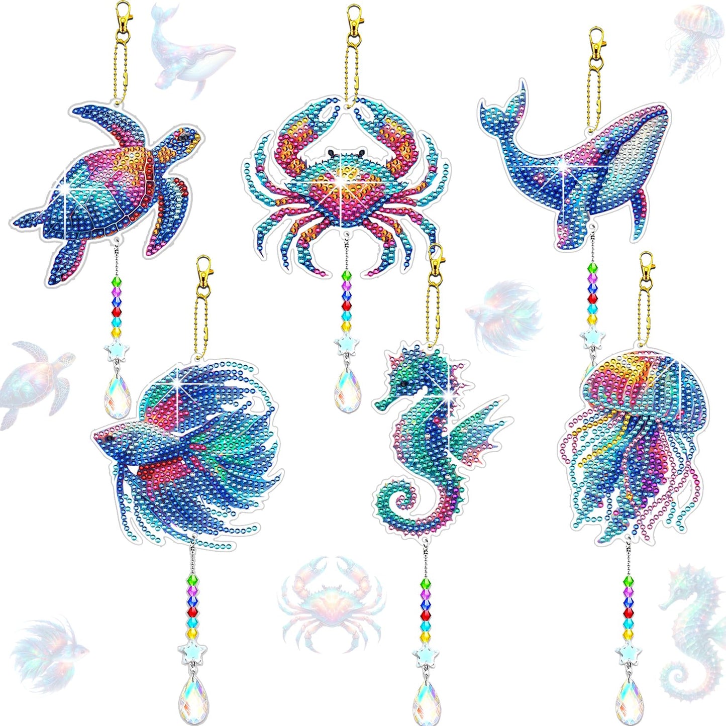 JeCuiK 6 Pcs Ocean Diamond Art Kits for Adults Diamond Painting Wind Chimes Sea Animal Diamonds Painting Suncatcher Double Sided Small Diamond Painting Kits Best Gifts for Mom