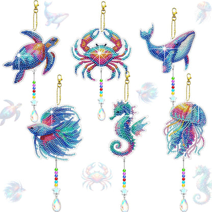 JeCuiK 6 Pcs Ocean Diamond Art Kits for Adults Diamond Painting Wind Chimes Sea Animal Diamonds Painting Suncatcher Double Sided Small Diamond Painting Kits Best Gifts for Mom