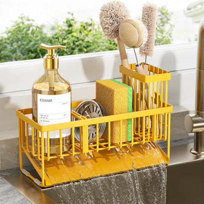 304 Countertop Cisily Lemon Yellow Sink Caddy Organzier with High Brush Holder, Sponge Holder for Sink, Rustproof