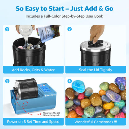 Rock Tumbler Kit for Adults – 4LB Large Capacity Brushless Rock Polisher with Reinforced Metal Base, 3 Speeds & 9-Day Timer, Auto Shutoff & Memory Function, Complete Kit for Hobbyists & Collectors