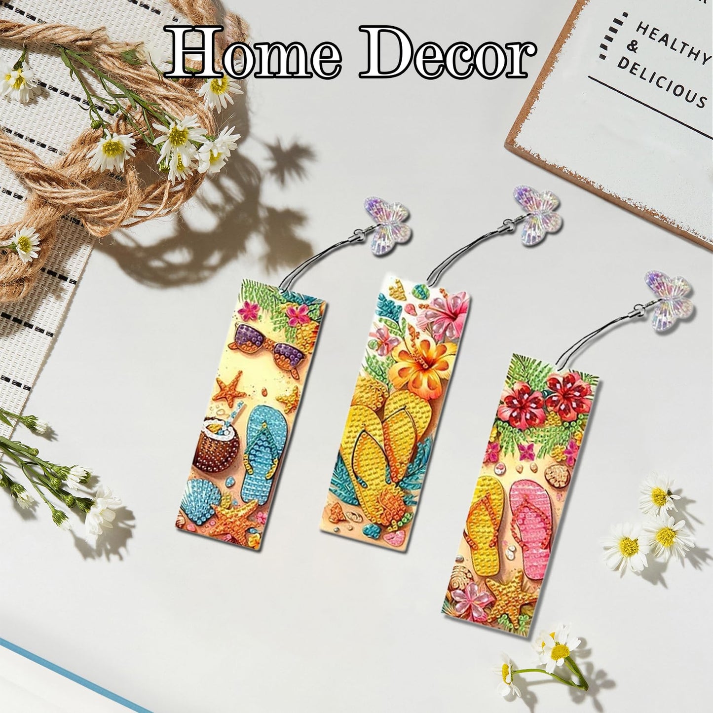 12 Pcs Diamonds Painting Bookmarks Diamond Art Kits for Adults DIY Full Round Gem Crystal Art Bookmarks with Pendant Home Office Supplies for Reading Lovers