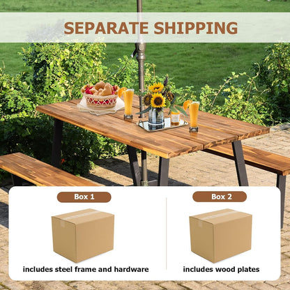 LDAILY Acacia Wood Picnic Table with Umbrella Hole, 70’’ x 30’’ Outdoor Picnic Tables with Benches for 6-8 Persons, 1600 LBS Max Load, Metal Frame & 2" Umbrella Hole, Party, Garden, Yard, Patio, Lawn