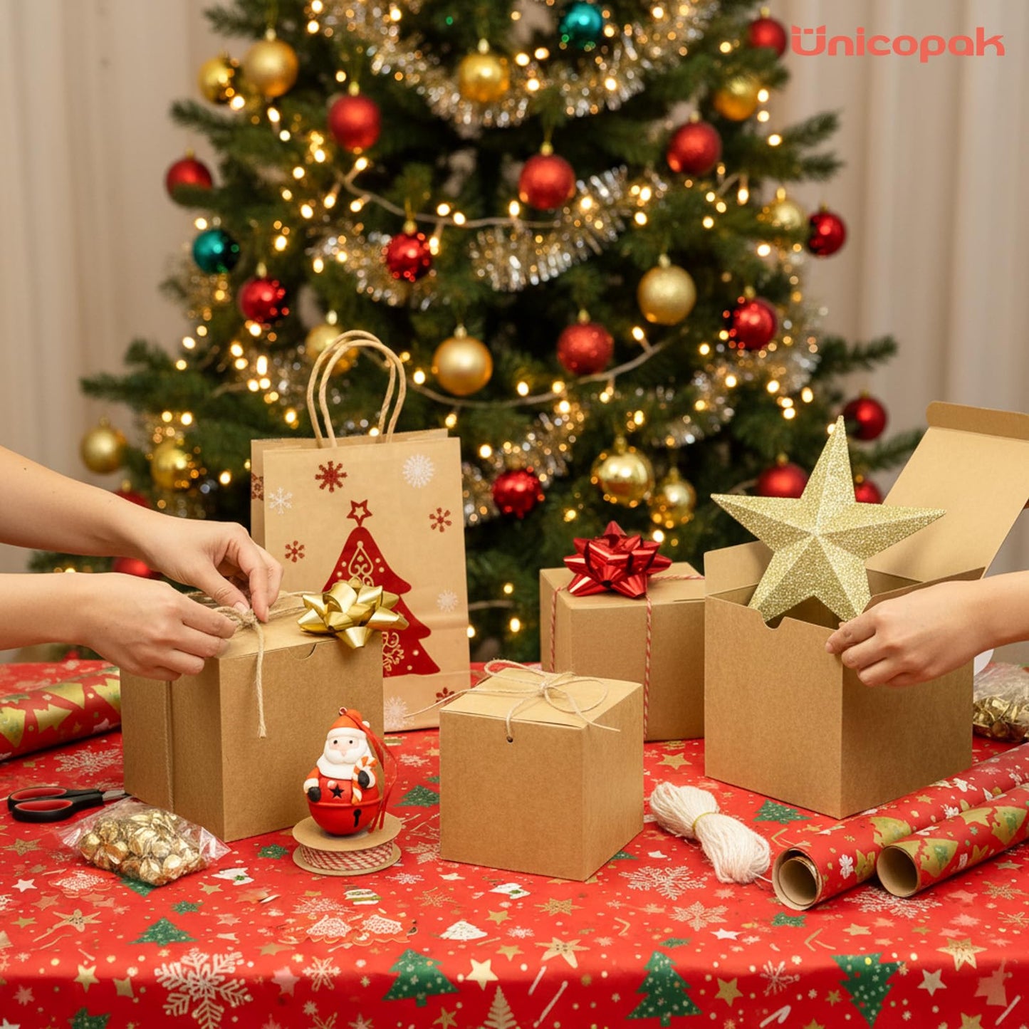 UnicoPak 30 Pack 5x5x5 Small Gift Boxes with Lids & Twine - Premium USA Kraft Cardboard - Pop-Up Easy Assembly Gift Boxes for Mugs, Candles, Ornaments & Christmas