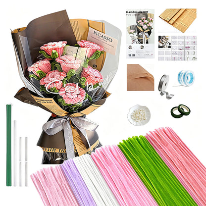 LUO TUO TOOL Pipe Cleaners Craft Flower Kit, Pink Rose DIY Bouquet Kit to Make Pipe Cleaner Flowers with Chenille Stems, Wrapping Paper and Ribbon, Arts and Crafts Gift for Girls, Mother’s Day Gift