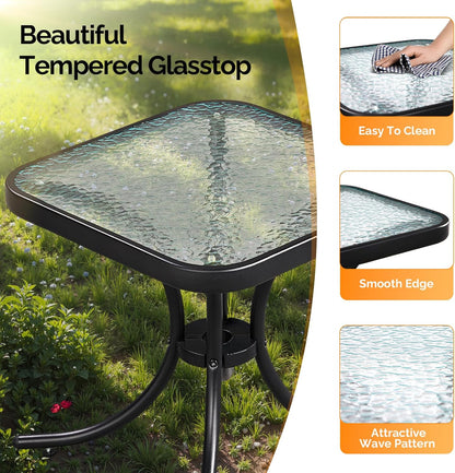 18" VINGLI Outdoor Side Table, Patio Table Steel Frame Tempered Glass Top, Weatherproof Small Tables for Balcony Garden