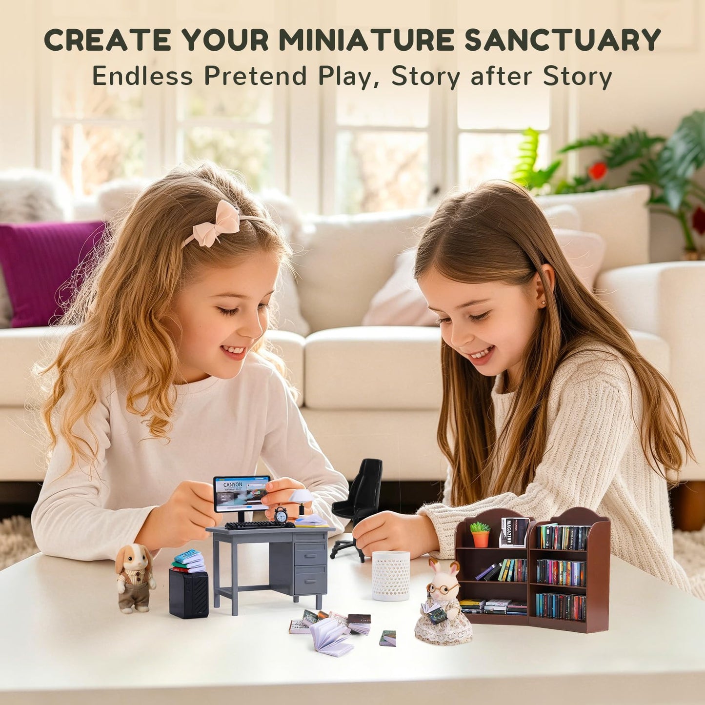 1:12 Scale Mini Desk Set with 100 Mini Books & 2 Bookshelves — Miniature Dollhouse Furniture Set with Office Chair, Computer & 15+ Accessories — Mini Desk Accessories for Doll House Diorama
