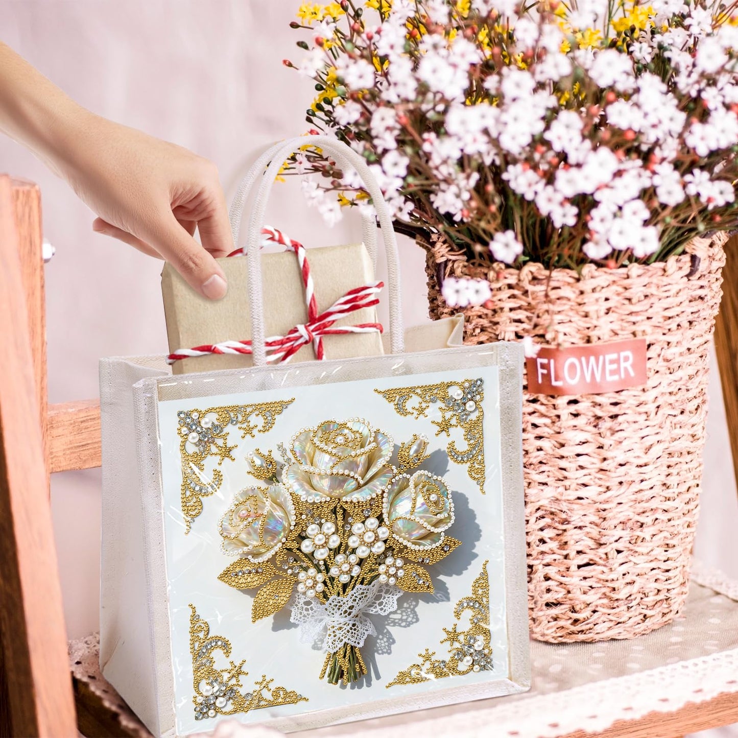 Xylzzuit DIY Pearl Painting Canvas Tote Bag Kit 11.42IN Diamond Art Handbag for Women Shopping Grocery Bag Dots Beads Art Craft Gift (Flower01)