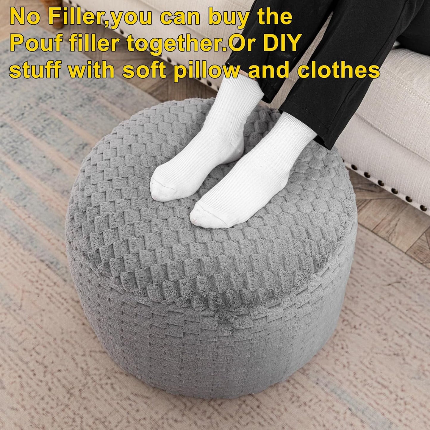 20x20x12 Inches Fur Ottoman Stool Unstuffed Footstool Cover Pouf Foot Rest Round Poof Seat Floor Bean Bag Chair