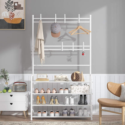 Rack,3-in-1 4-Tier 8 Hooks,16-20 UDEAR Entryway Coat and Shoe Hall Tree Multifunctional Storage Shelf with Shoe Bench