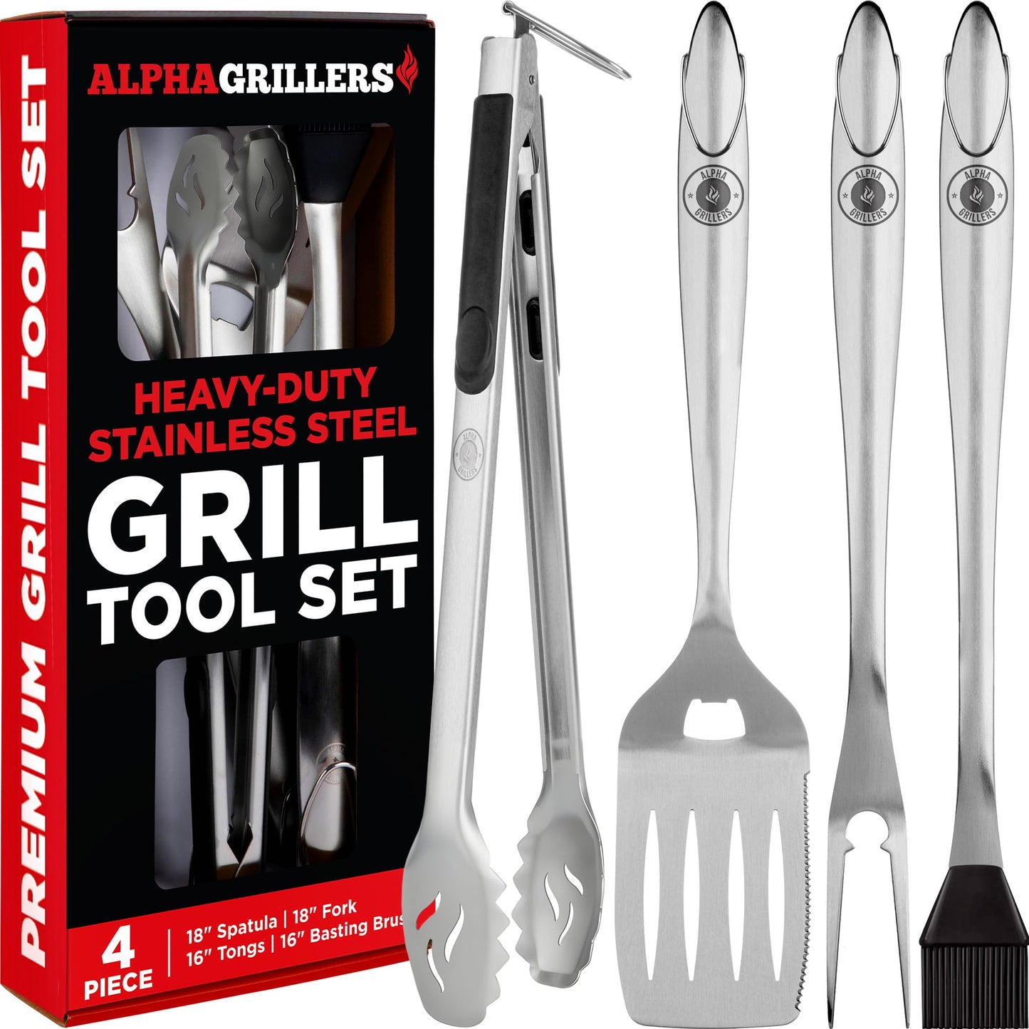 Alpha Grillers Grilling Accessories - Grilling Gifts for Men - BBQ Accessories Grill Tools Set with Spatula, Fork, Brush & Tongs - Outdoor Barbecue Utensils Gifts for Men Dad Him Boyfriend