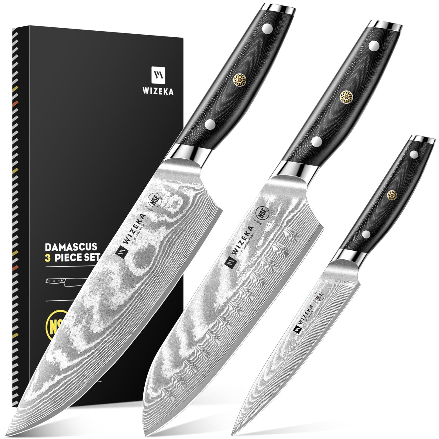 WIZEKA Damascus Chef Knife Set: 3 PCS,Super Sharp Kitchen Knives: Made of Japanese Steel VG10: Full Tang Professional Chef Knife Set With G10 Ergonomic Handle, Mothers Day