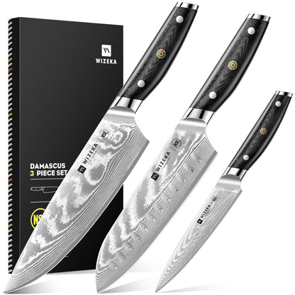 WIZEKA Damascus Chef Knife Set: 3 PCS,Super Sharp Kitchen Knives: Made of Japanese Steel VG10: Full Tang Professional Chef Knife Set With G10 Ergonomic Handle, Mothers Day