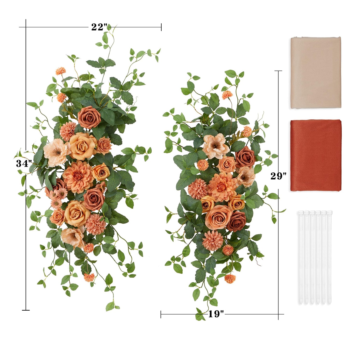 Fsslower Artificial Wedding Arch Flowers Kit(Pack of 4), 2 Pcs Floral Arrangement with 2 Pcs Fabric Drap for Arch Decorations Wedding Decor Ceremony Arbor Reception Backdrop（Terracotta）