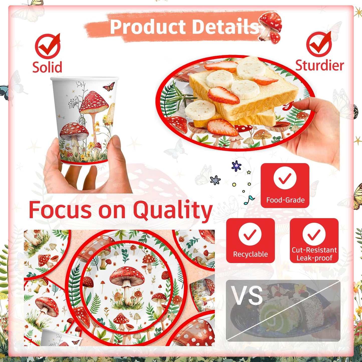 185Pcs Set, 25 cocomigo Mushroom Birthday Decorations Tableware Mushroom Birthday Decorations with Plates Napkins Cups