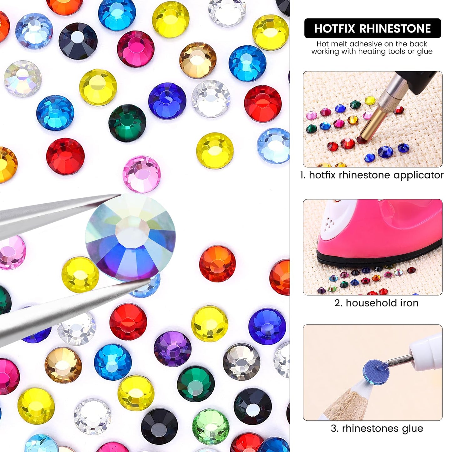 24 Colors Hotfix Rhinestones Kit, SS6 Glass Flatback Crystals Rhinestone for Clothes, Hats, Shoes & Crafts with 4 Tools, Tweezers, Wax, Pencil, Spoon hot fix kit