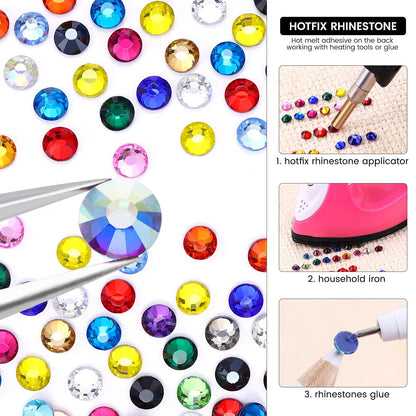 24 Colors Hotfix Rhinestones Kit, SS6 Glass Flatback Crystals Rhinestone for Clothes, Hats, Shoes & Crafts with 4 Tools, Tweezers, Wax, Pencil, Spoon hot fix kit