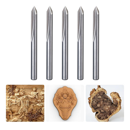 HUHAO 5PCS CNC Wood Carving Router Bit Set,60 Degree Engraving 1/8 Inch Shank V Bit 2 Flute 0.1mm Tip Carbide V Bit for Acrylic Metals Wood MDF PVC