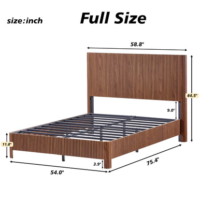 KEIKI Full Size Wooden Bed Frame with Headboard, Modern Platform Bed with Corrugated Curved Lines, No Box Spring Needed, Easy Assembly (Walnut, Full)