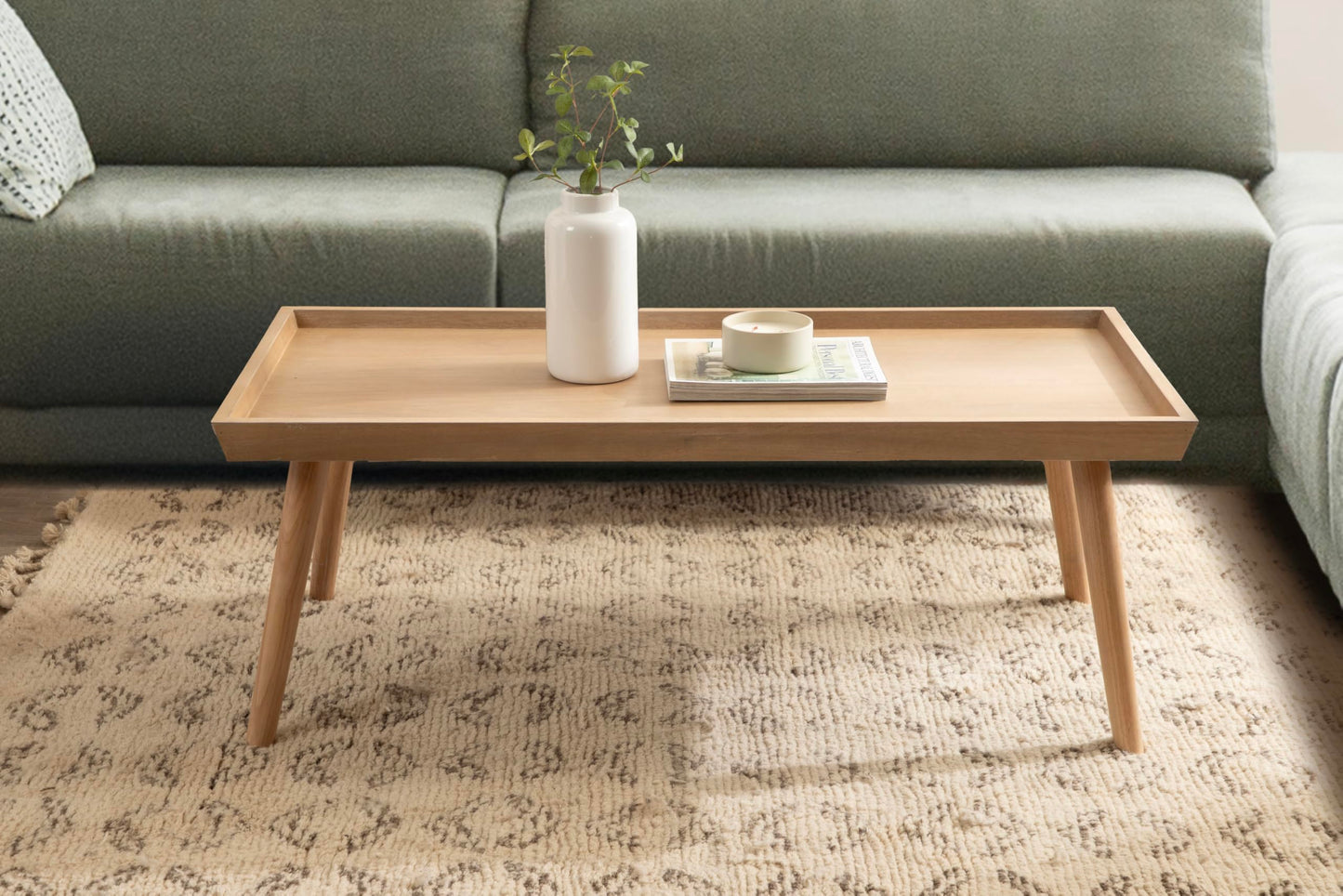 Kate and Laurel Eastmont Rectangle Wood Coffee Table; 46 x 22 x 17; Light Natural; Large Mid-Century Wooden Living Room Table with Stylish Tapered Legs and Adjustable Feet