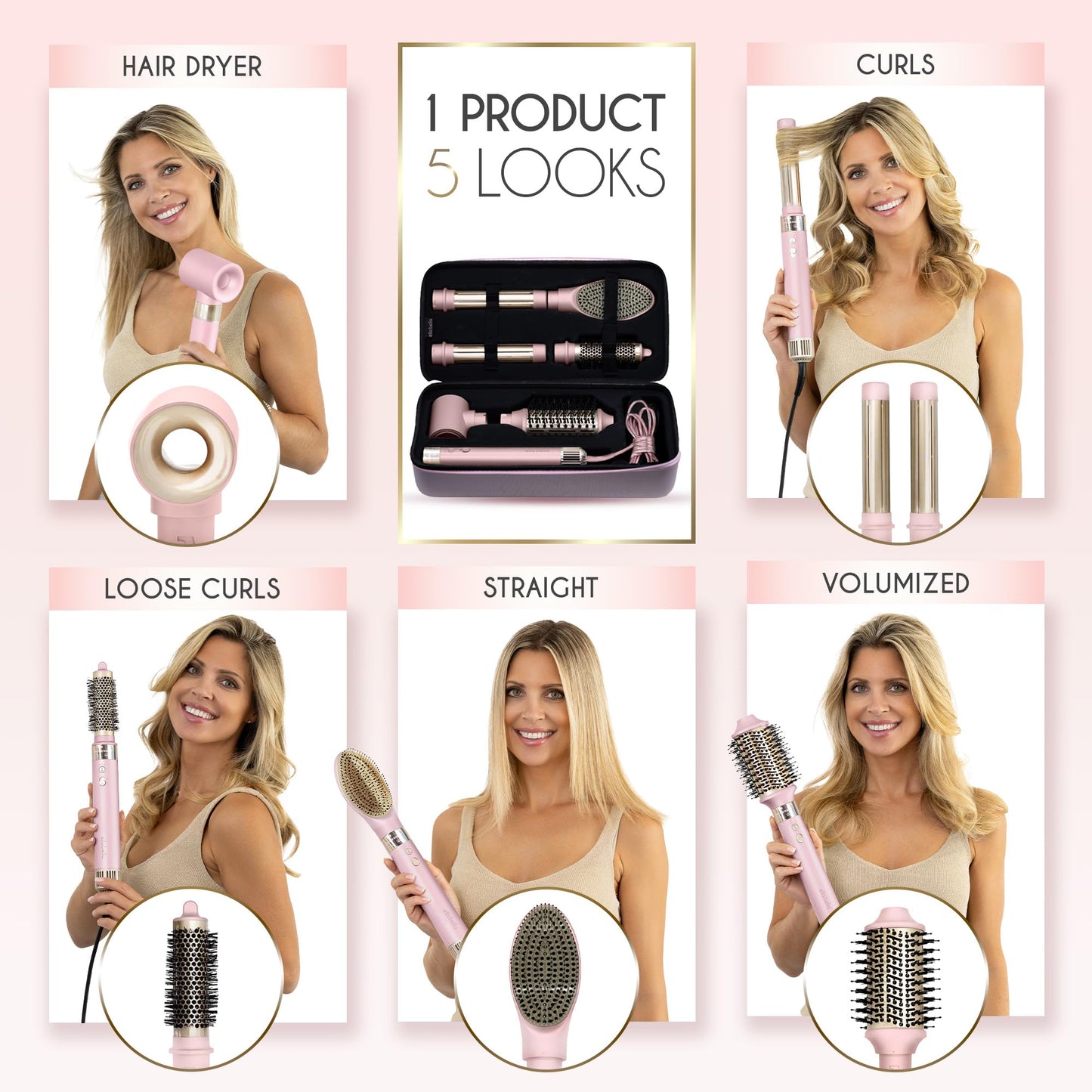 ELLA BELLA® 6 in 1 Professional Hot Air Styler • Powerful Hair Dryer & Straightener Set • Styling Without Heat Damage • Fast Drying Curling Volumizing Straightening • Includes Protective Travel Case