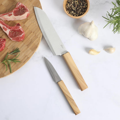 Oster Huntingfield 2 Piece Knife Set - Olive Wood Stainless Steel Chef Knife and Pairing Knife Set