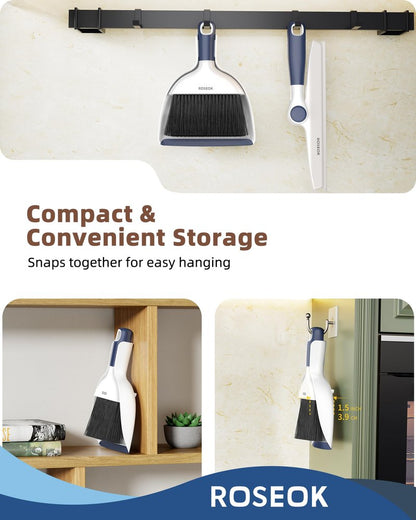 ROSEOK Mini Broom and Dustpan Set for Cleaning, Compact Desktop Dustpan with Brush for Kitchen Counter, Office, Car, Navy Blue, 1 Pack