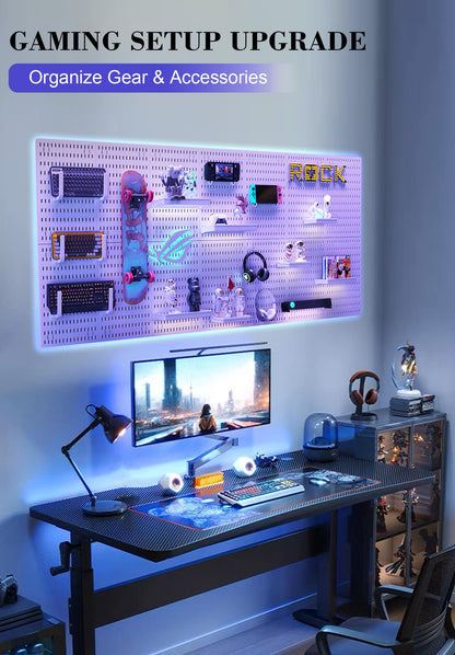 Skwelom Pegboard Wall Organizer Set – 4 Peg Boards with Hooks & Shelves – Office, Kitchen, Gaming Room Desk Pegboard Storage – Peg Board Wall Display Rack (White)