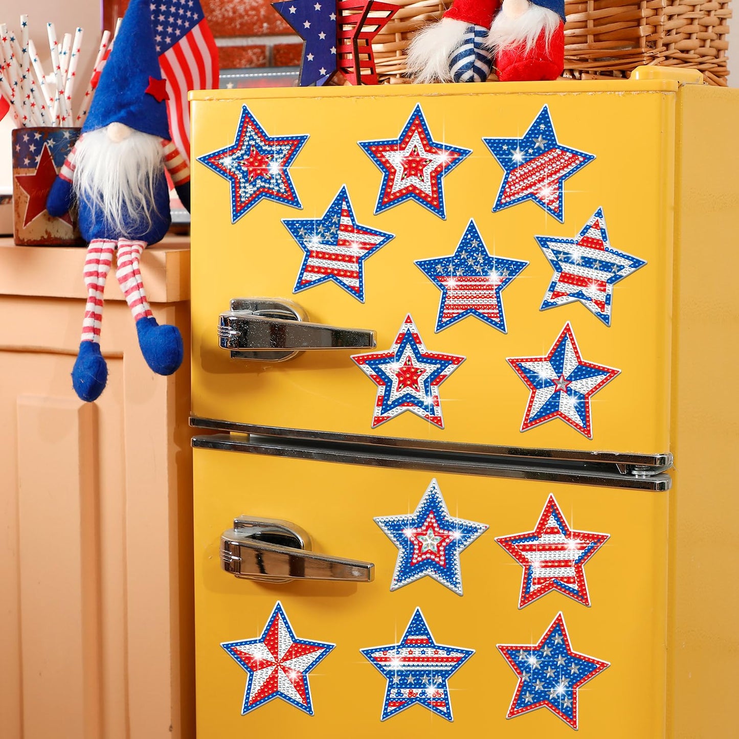 Umigy 16 Pcs 4th of July Patriotic Star Diamond Painting Magnets Refrigerator 250th Anniversary Memorial Day Diamond Art Kits USA Red Blue White Independence Day DIY Art Kits for Adults Beginner Craft