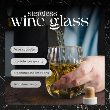 Dragon Glassware Stemless Wine Glasses - 16 oz Clear Short Wine Glasses Set of 2 with Finger Indentations