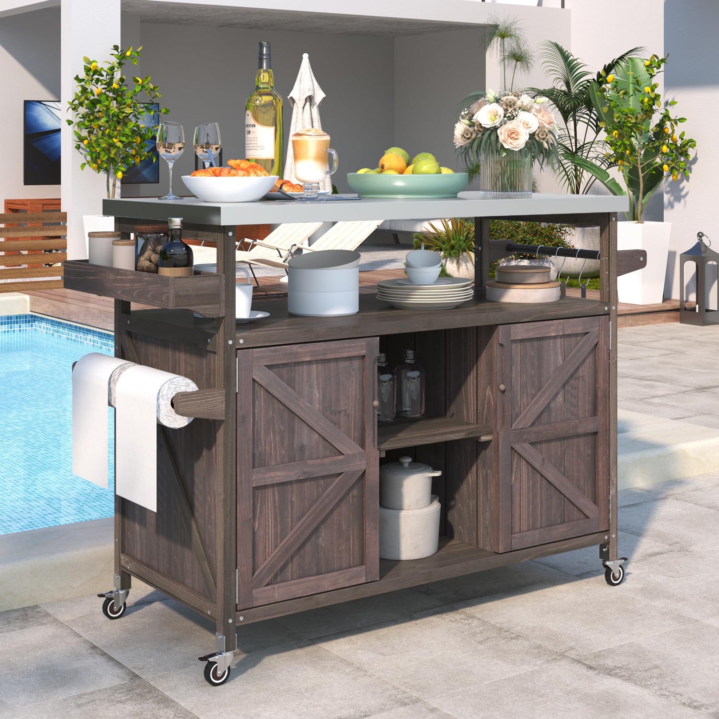 Merax 50" Outdoor Kitchen Grill Cart Island on Wheels with Stainless Steel Top,Farmhouse Style Solid Wood Frame Storage Cabinet for Backyard