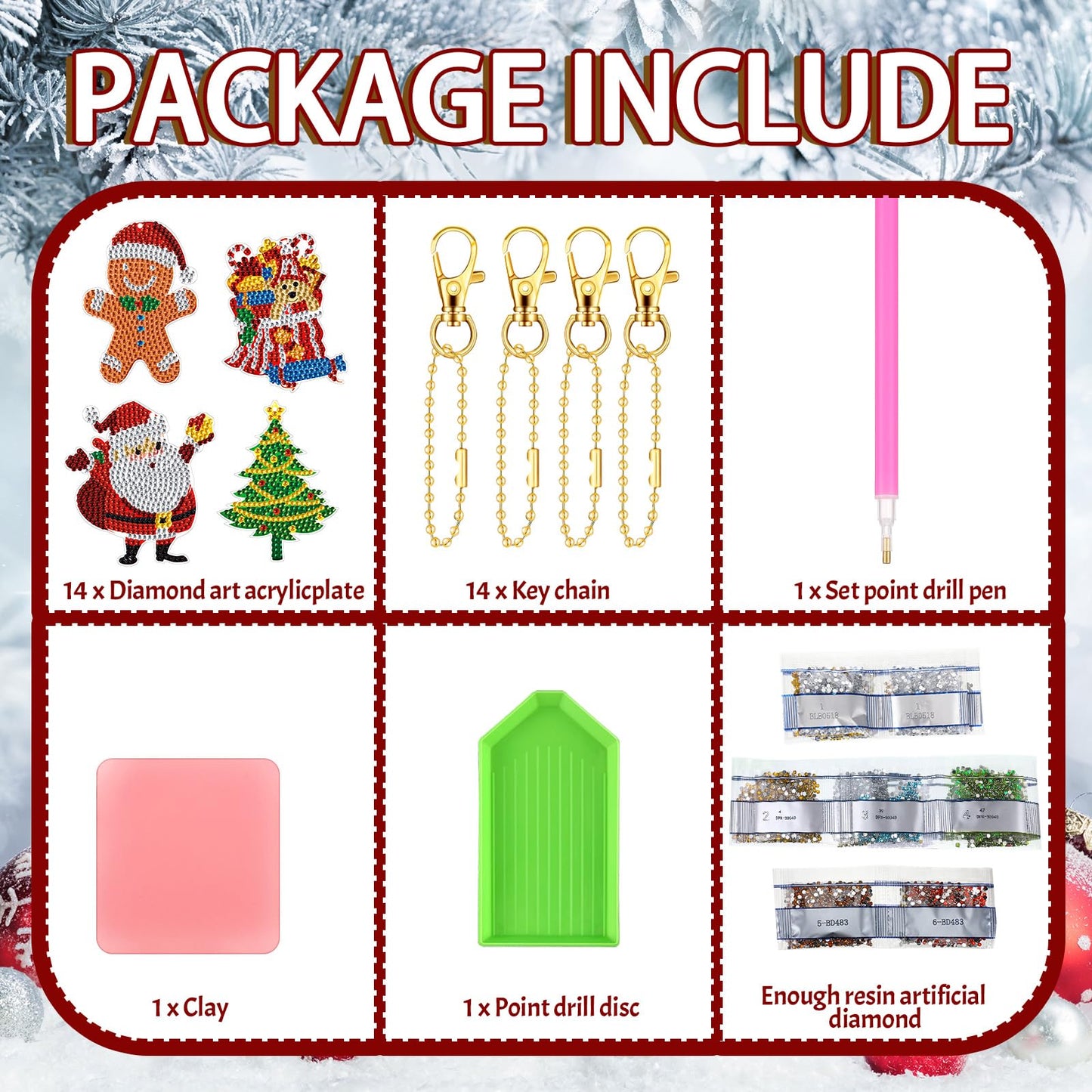 Equsion 14 Pcs Christmas Diamond Art Ornaments Christmas Diamond Painting Keychains Kits Double Sided Hanging Art Key Ring Painting Ornaments 5d DIY Craft Gifts Family Home Decor Rhinestone Pendant