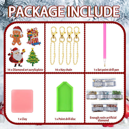 Equsion 14 Pcs Christmas Diamond Art Ornaments Christmas Diamond Painting Keychains Kits Double Sided Hanging Art Key Ring Painting Ornaments 5d DIY Craft Gifts Family Home Decor Rhinestone Pendant