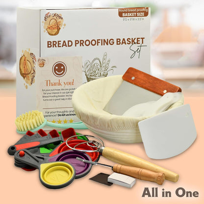 Bread Proofing Basket Set, 9 Inch Round Banneton with Scraper & Lame for Sourdough Bread Baking