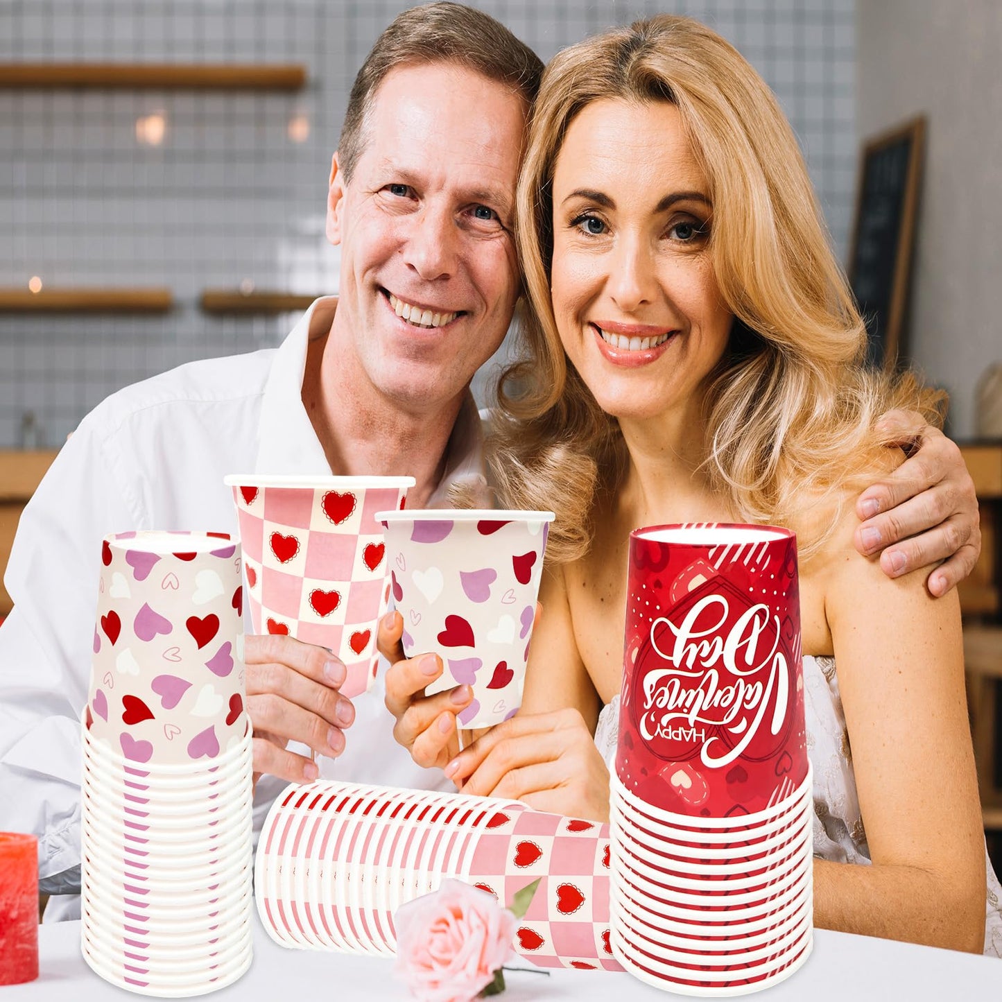 YQUQWN 50Pcs Valentine Paper Cups 9oz – 5 Heart Designs Disposable Valentine Cups Red Paper Party Drinkware for Coffee Juice Weddings Gatherings