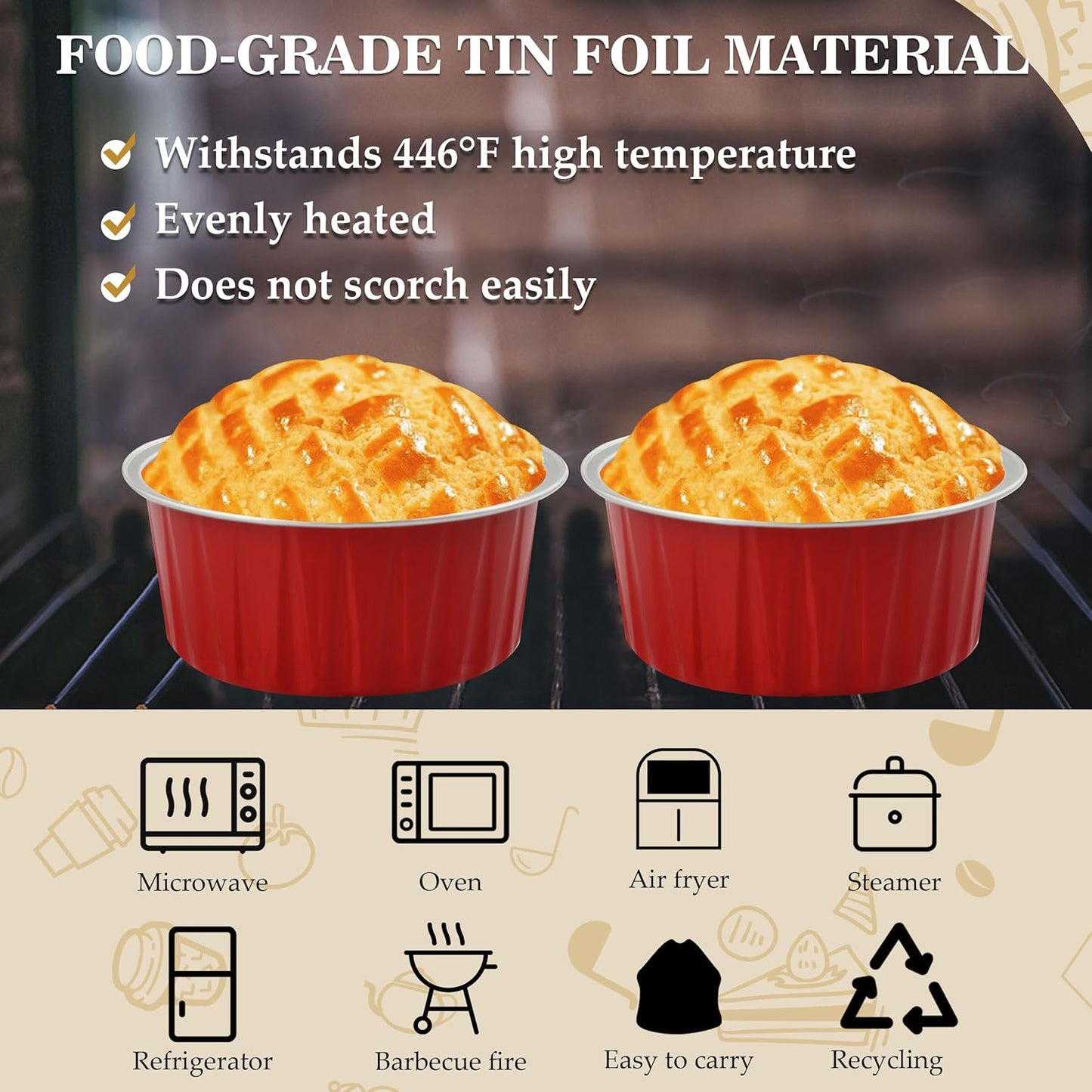 BAKINGPAK 50PCS Mini Aluminum Pans with Lids, 4OZ Baking Cups, Disposable Ramekins, Red Mini Cake Pans for Birthday
