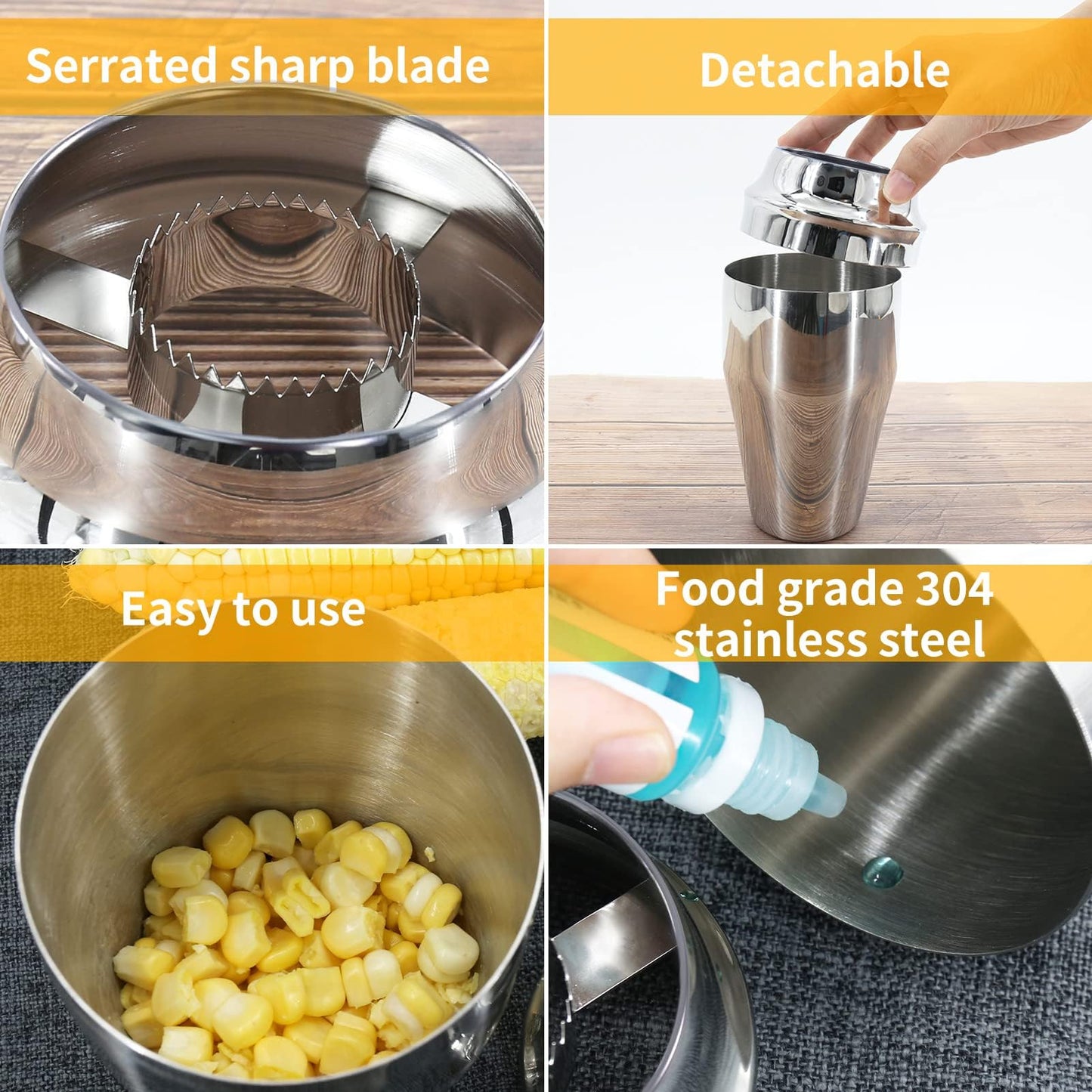 Newness Corn Stripper Peeler & Cutter with Cup, 304 Stainless Steel Cob Thresher, Off-Cob Kernel Remover & Slicer with Serrated Blade for Home & Kitchen
