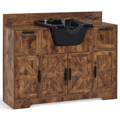 BarberPub Portable Shampoo Station, Shampoo Bowl with Cabinet & Drawer, Salon Geometric Finish Station with Sprayer Faucet, Barber Storage Equipment with Hair Wash Backwash Sink 3439 (Rust Brown)