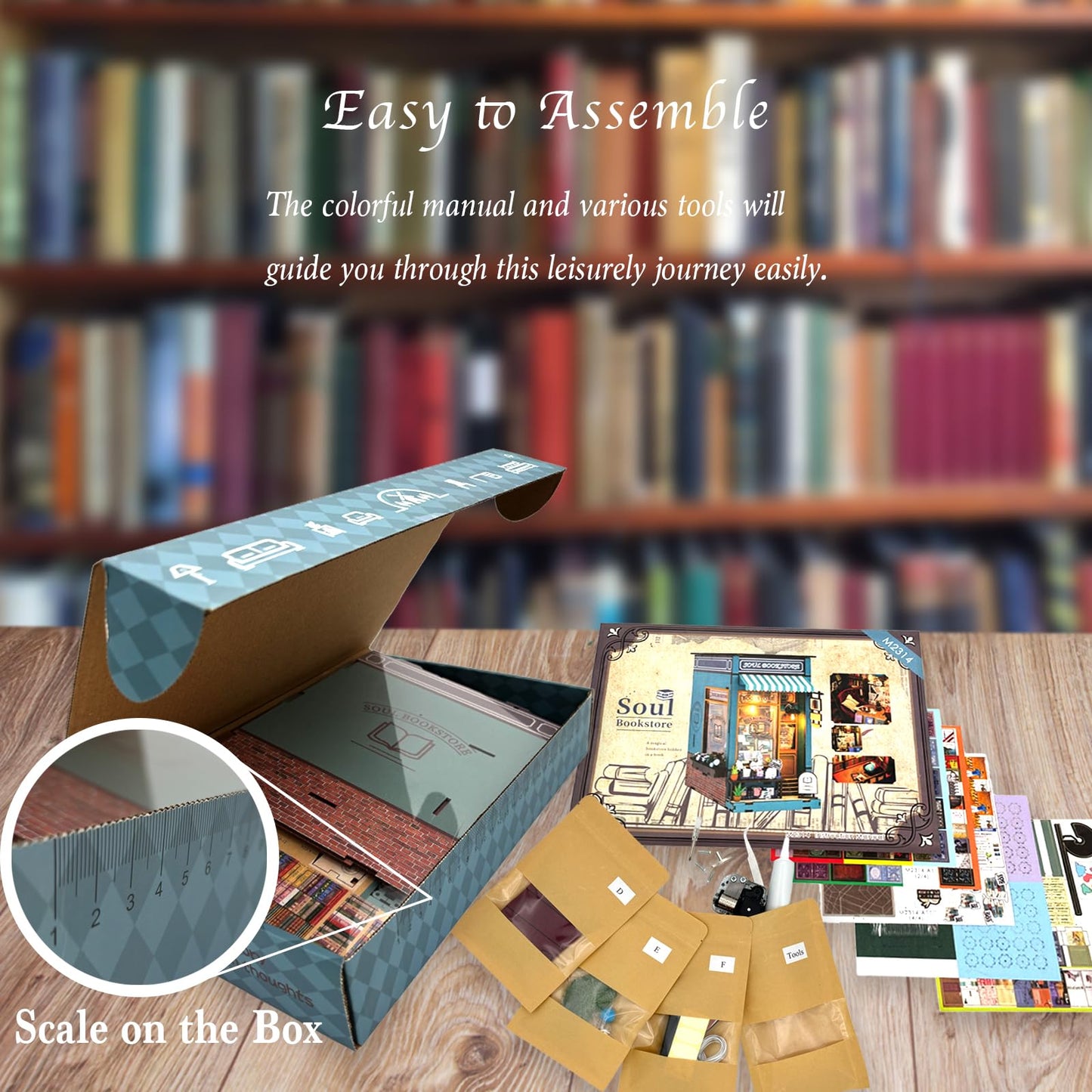 RICFURPET DIY Book Nook Kit with Music Box, Wooden 3D Puzzle Dollhouse with LED, Miniature House Kit Bookends for Adult and Teen, Bookshelf Decor, Creative Gift for Friends and Family. Soul Bookstore