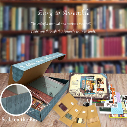 RICFURPET DIY Book Nook Kit with Music Box, Wooden 3D Puzzle Dollhouse with LED, Miniature House Kit Bookends for Adult and Teen, Bookshelf Decor, Creative Gift for Friends and Family. Soul Bookstore
