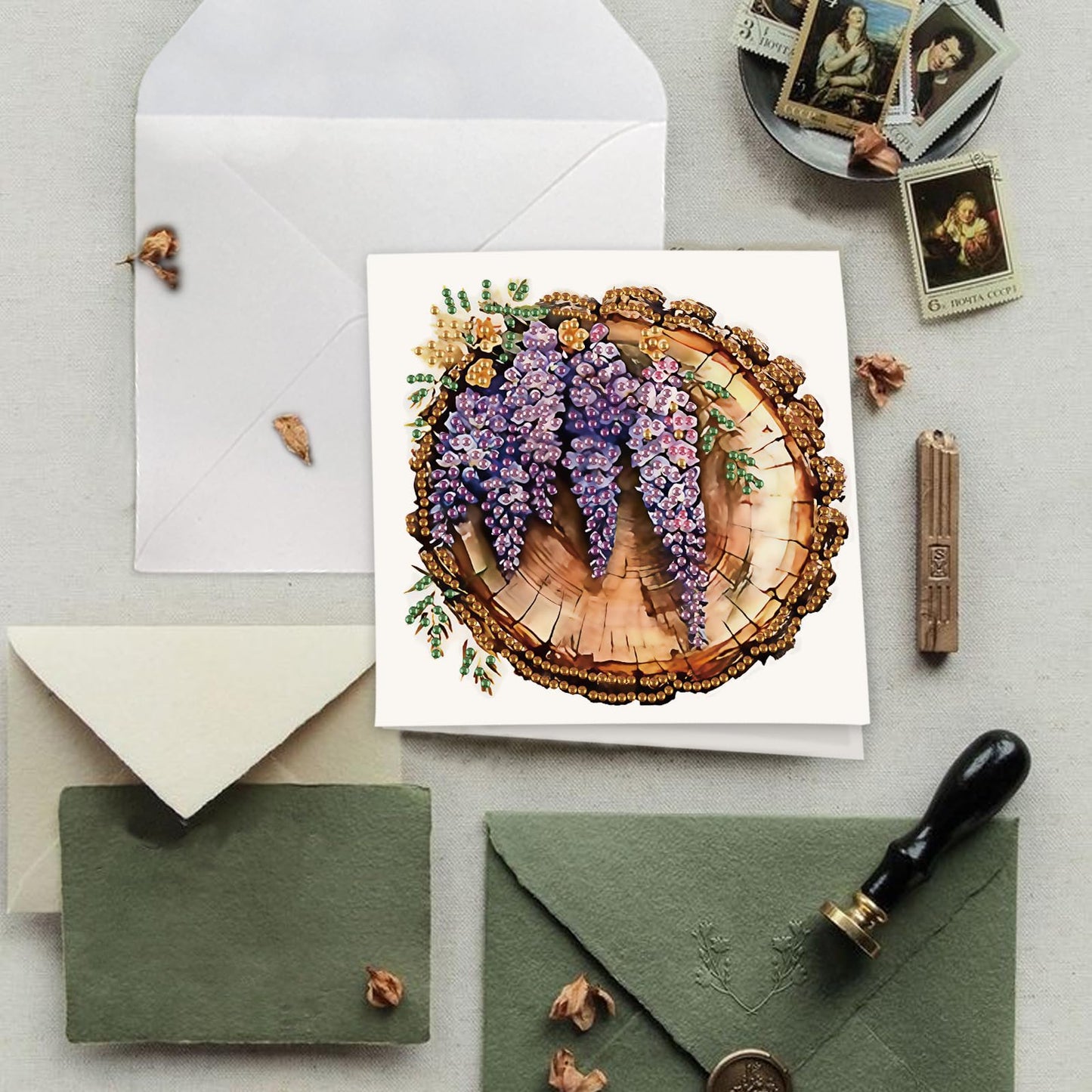 SHEGZHUC 6 Pack Diamond Painting Gift Card Lilacs Tree Stump, Diamond Art Kits for Adults Flowers Purple, Birthday Wedding Anniversary Greeting Get Well Congratulations Thank You Cards with Envelopes