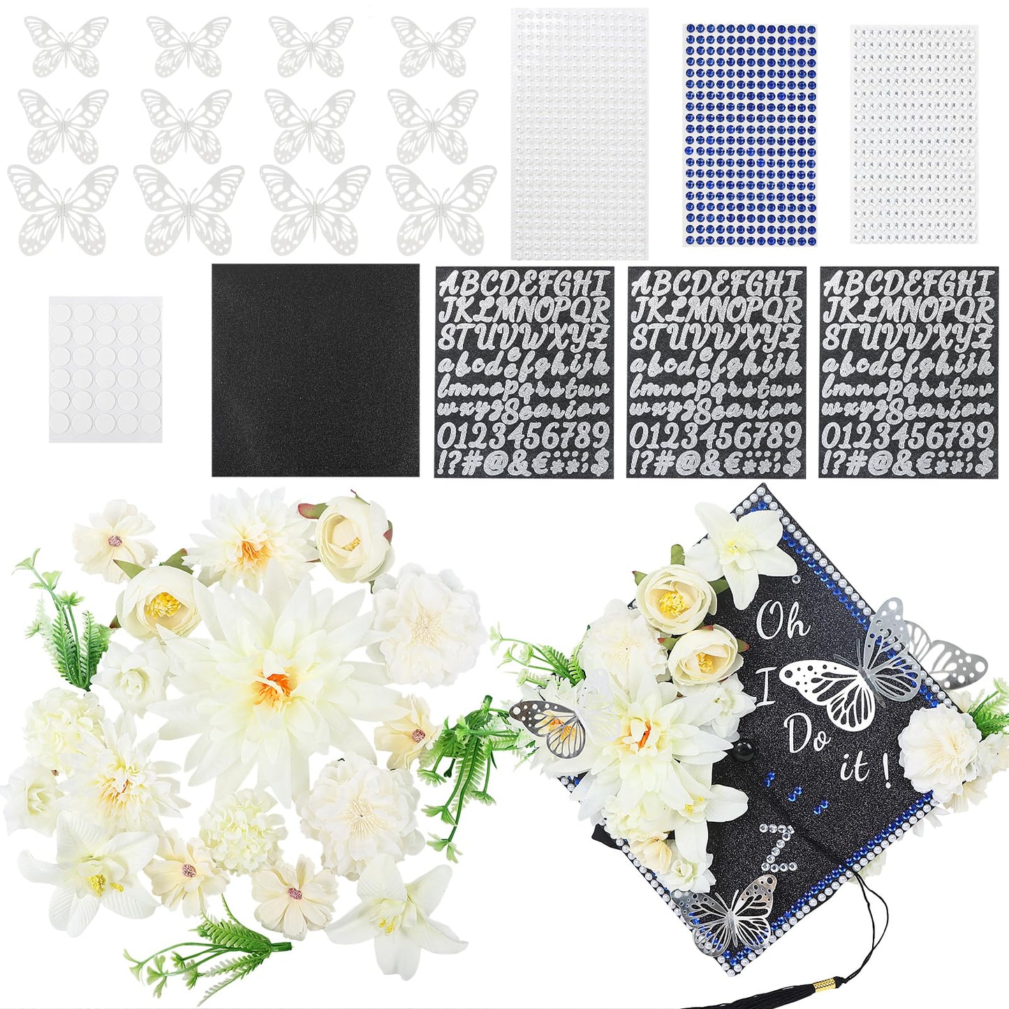 TKNOUS White Flower DIY Graduation Cap Decorations - Artificial Flower Heads, 3D Butterfly & Alphabet Letter Stickers, Glitter Paper for Art DIY Hat Grad Cap Topper