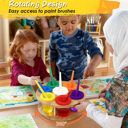 Paint Cups with Lids for Kids, 7pcs Spill Proof Painting Cups with Rotating Holder Toddler Paints Brushes No Spill Paint Cups with Kids Art Smock Paint Containers Art Supplies for Classrooms