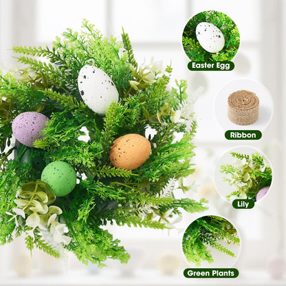 Easter Wreath 4Pcs, 11.8 Inch Easter Wreath with Ribbon, Artificial Egg Lily Green Plants Wreath, Hanging/Tabletop/Candle Ring Decor for Home Front Door, Porch, Wall, Window, Cabinets